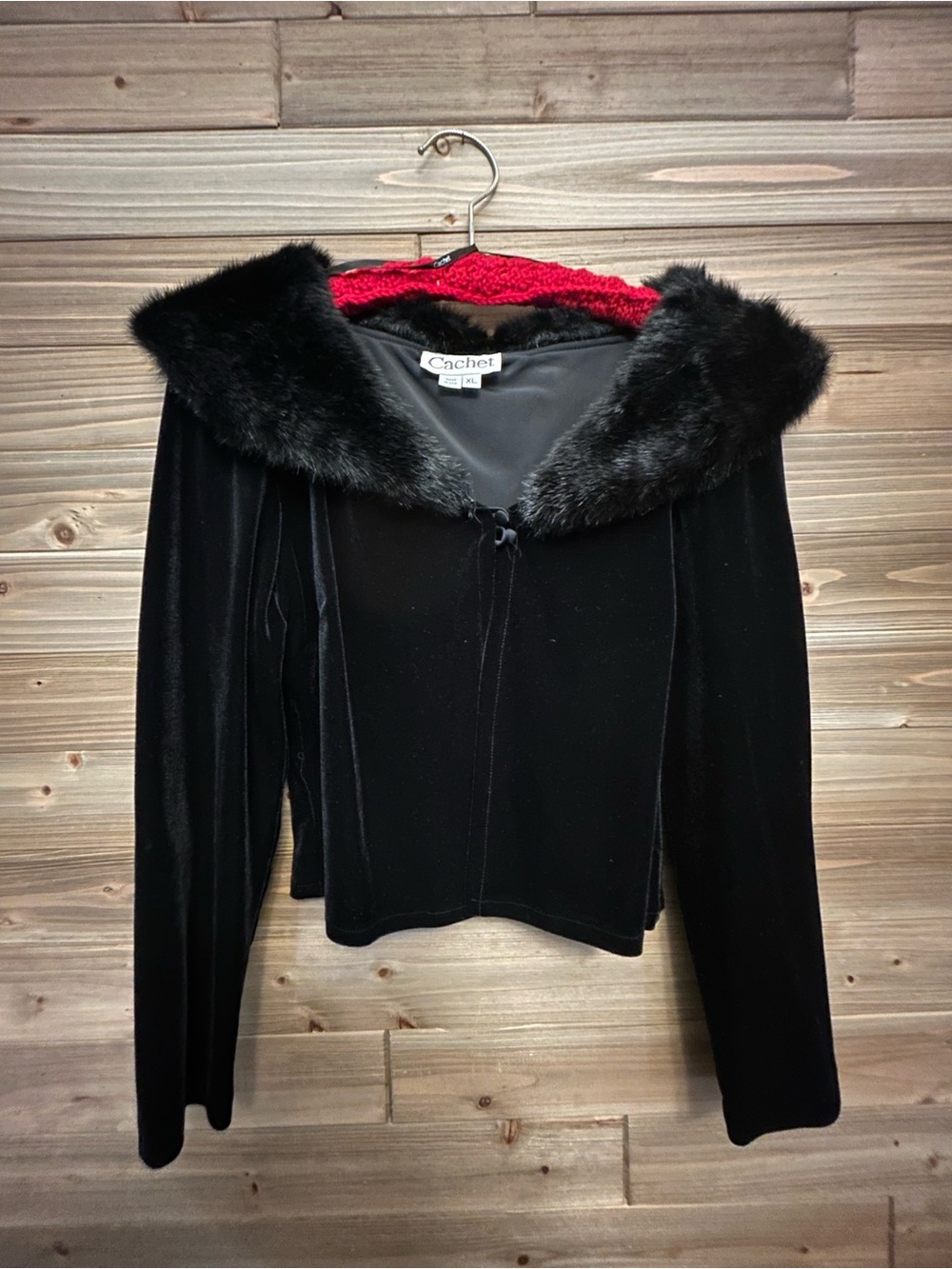 Cachet Black Velvet Jacket with Faux Fur Trim and Red Lining